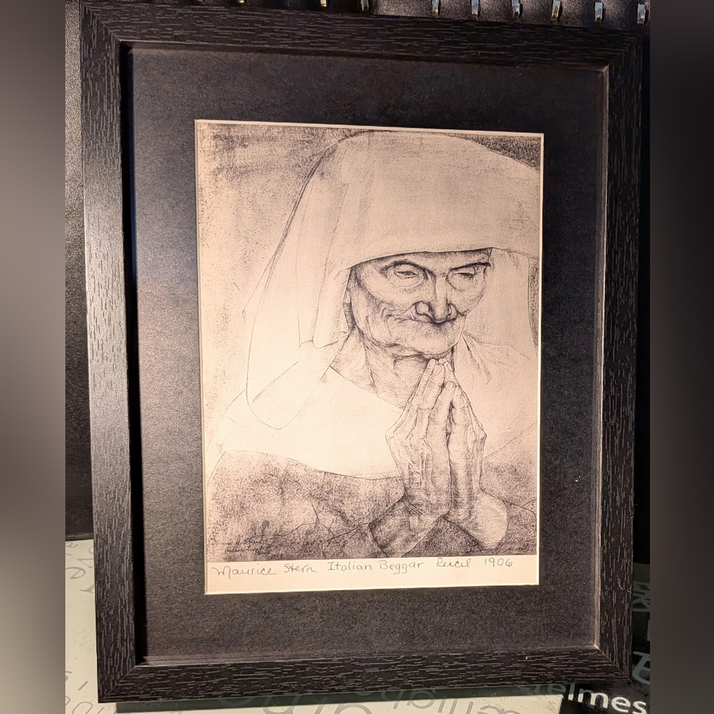 Framed Black and White Sketch Art By Maurice Stern Italian Beggar 1906 Reprint